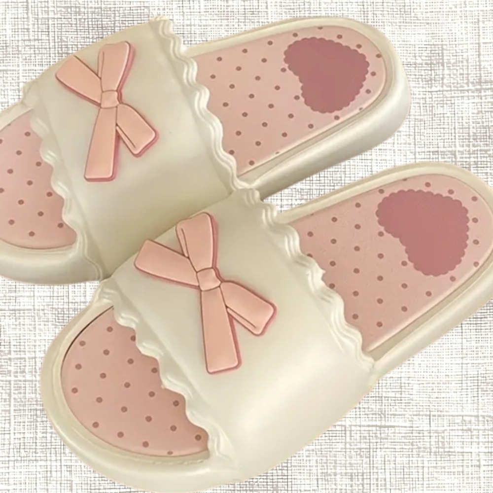 Size 41 Fits Like A Size US 8 Cream and Pink Kids Bow Slippers
